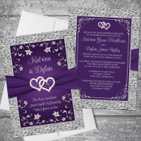 Purple, Grey Love Hearts Wedding Invitation