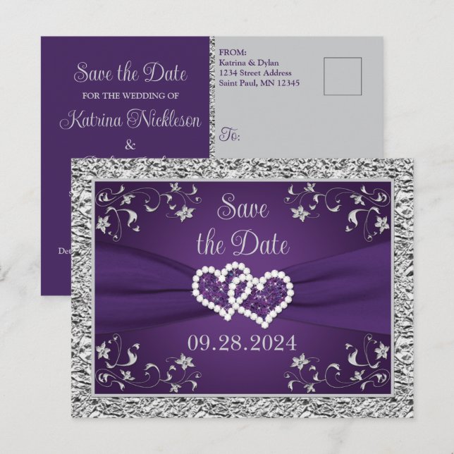Purple, Grey Love Hearts Wedding Save the Date Postcard (Front/Back)