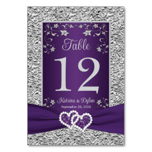 Purple, Grey Love Hearts Wedding Table Number Card