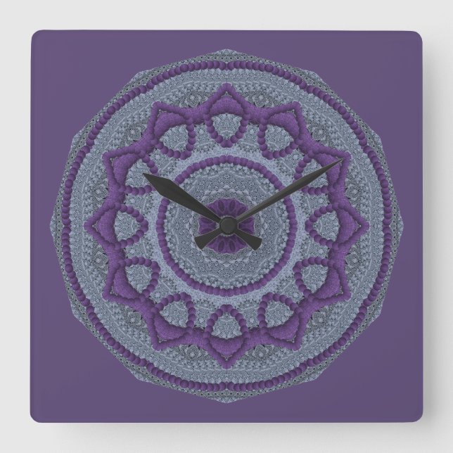 Purple Grey Mandala Square Wall Clock (Front)