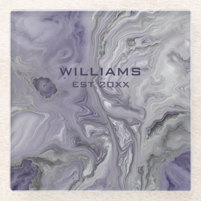 Purple Grey Marble Texture Personalised Glass Coaster (Front)