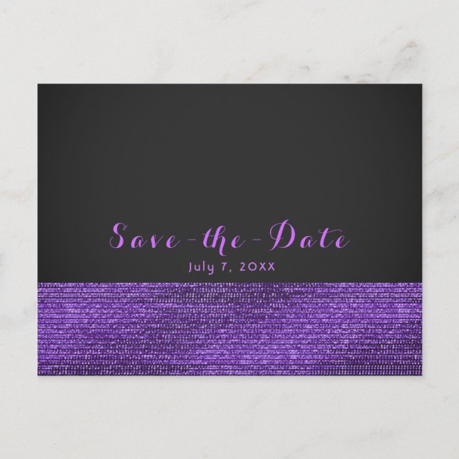 Purple Grey Modern Glam Sequins Save the Date Announcement Postcard (Front)