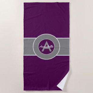 Purple Grey Monogram Personalised Beach Towel