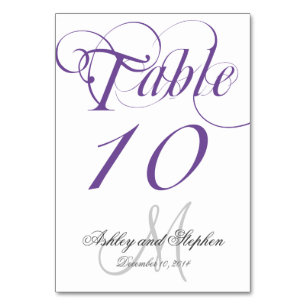 Purple Grey Monogram Wedding Table Number Card