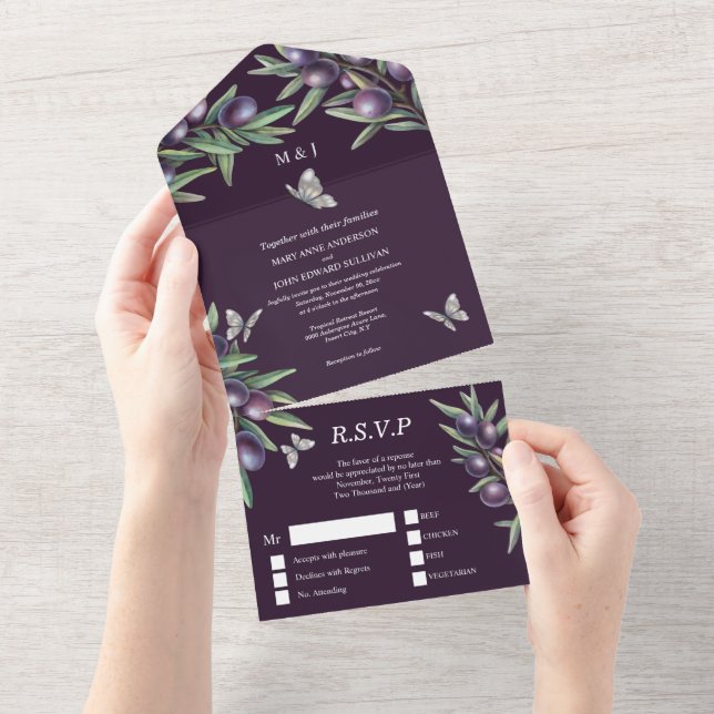 Purple grey olive butterfly glam wedding all in one invitation (Tearaway)