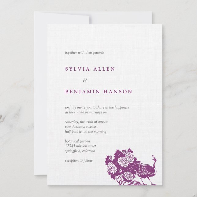 Purple grey peacock garden chic wedding invitation (Front)