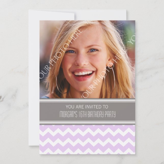 Purple Grey Photo 16th Birthday Party Invitations (Front)