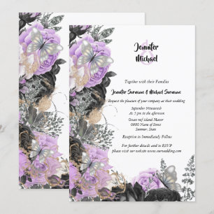 Purple grey rose butterfly chic elegant wedding invitation