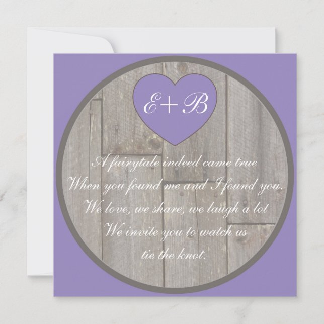 Purple grey rustic heart rhyming wedding invites (Front)
