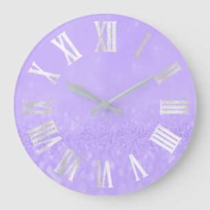 Purple Grey Silver Glitter Metal Roman Numers Large Clock