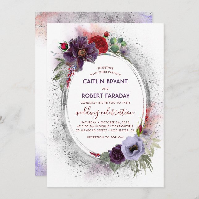 Purple Grey Silver Watercolor Peony Fall Wedding Invitation (Front/Back)