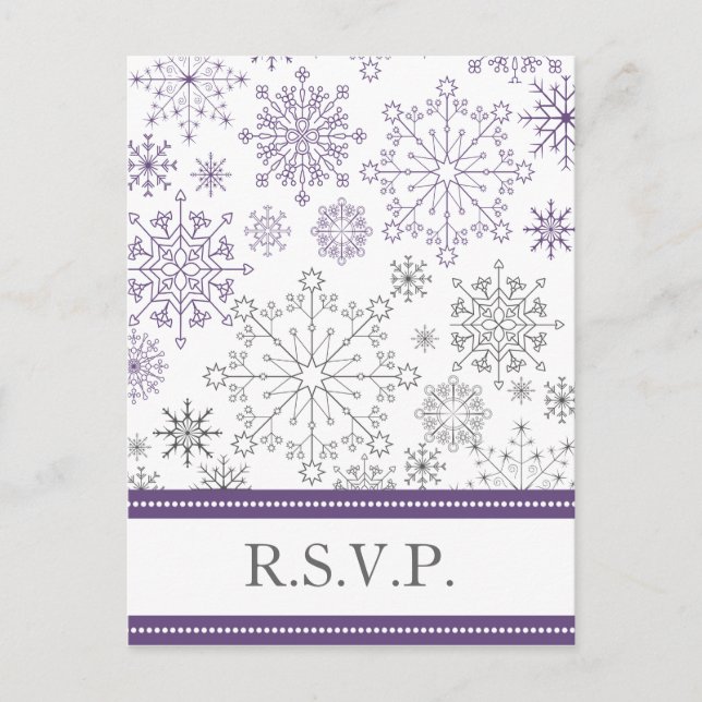 purple grey snowflake mod winter wedding rsvp invitation postcard (Front)
