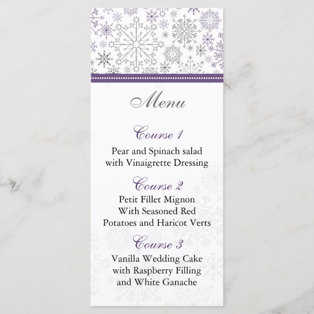 purple grey snowflake winter wedding menu cards (Front)