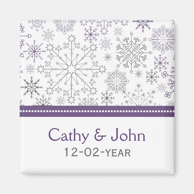 purple grey snowflake winter wedding save the date magnet (Front)