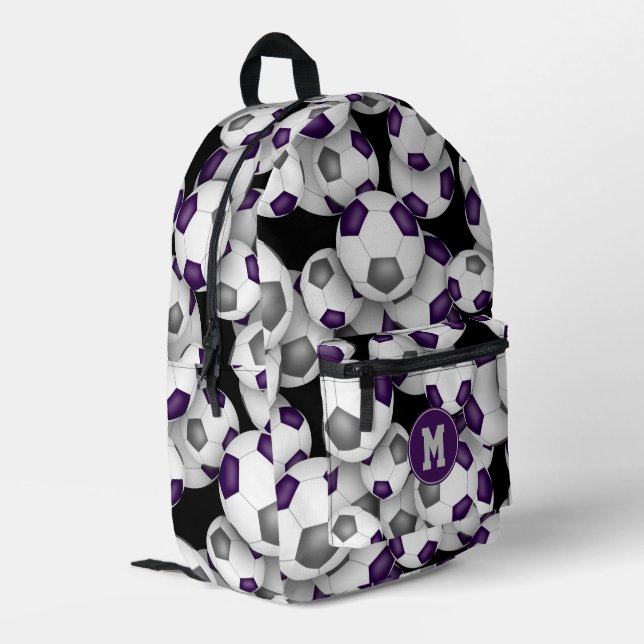 purple grey soccer balls pattern monogrammed printed backpack (Back Corner Left)