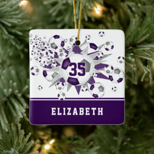 Purple grey soccer balls stars personalised  ceramic ornament