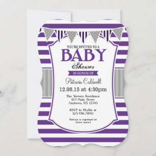 Purple Grey Stripes Baby Shower Invitation