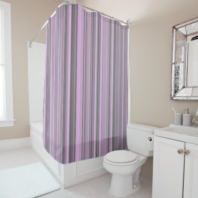 Purple Grey Stripes Shower Curtain (In Situ)