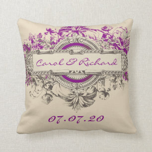 Purple Grey Tan Vintage Floral Wedding Sweetheart Cushion