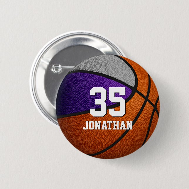 Purple grey team colours basketball boy girl name  6 cm round badge (Front & Back)