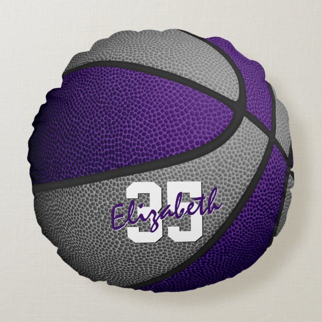 purple grey team colours girls boys basketball round cushion (Front)
