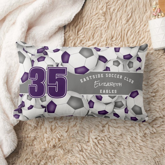 purple grey team colours Lots of soccer balls Lumbar Cushion (Blanket)