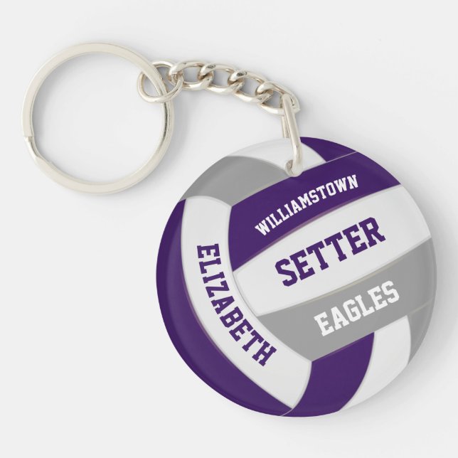 purple grey team colours personalised volleyball key ring (Front)