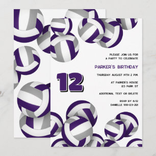 purple grey team colours volleyball birthday party invitation