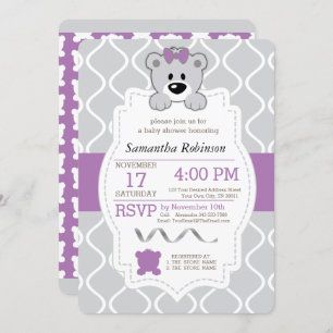 Purple & Grey Teddy Bear Baby Shower Invitation