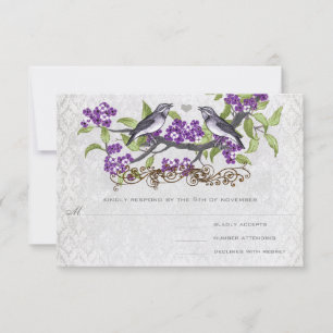 Purple & Grey Vintage Birds Damask Wedding Invite