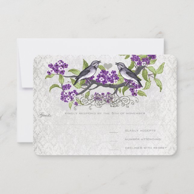 Purple & Grey Vintage Birds Damask Wedding RSVP Card (Front)