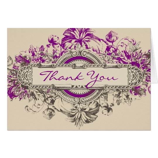 Purple Grey Vintage Floral Wedding Thank You Card