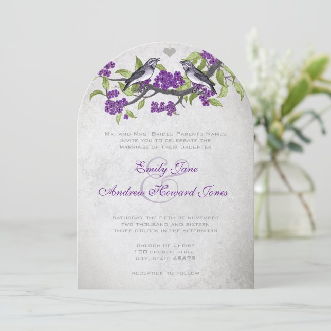 Purple & Grey Vintage Love Birds Wedding Invitation (Standing Front)