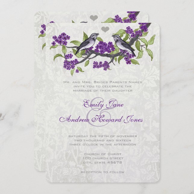Purple & Grey Vintage Love Birds Wedding Invite (Front/Back)