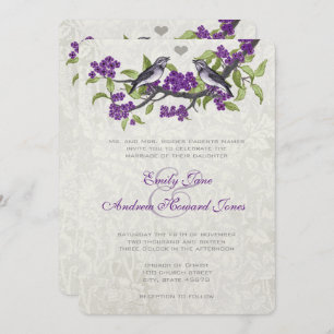 Purple & Grey Vintage Love Birds Wedding Invite