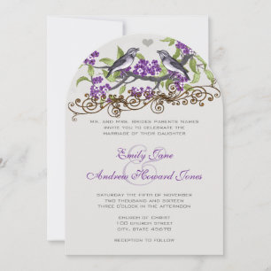 Purple & Grey Vintage Love Birds Wedding Invite