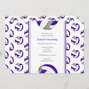 purple grey volleyball girl's birthday party invitation