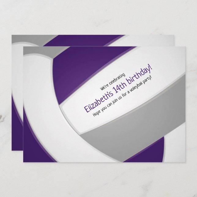 purple grey volleyball girls boys birthday party invitation (Front/Back)