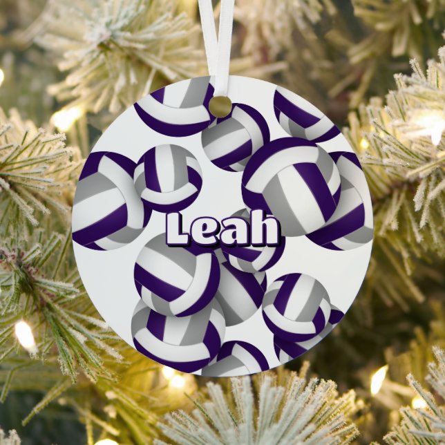 purple grey volleyballs with athlete name keepsake metal tree decoration (Insitu)