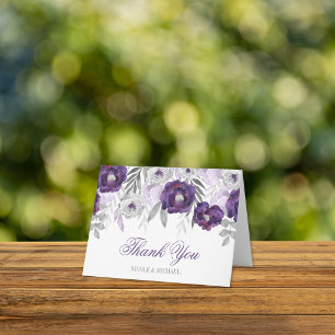 Purple Grey Watercolor Flowers Thank You Card