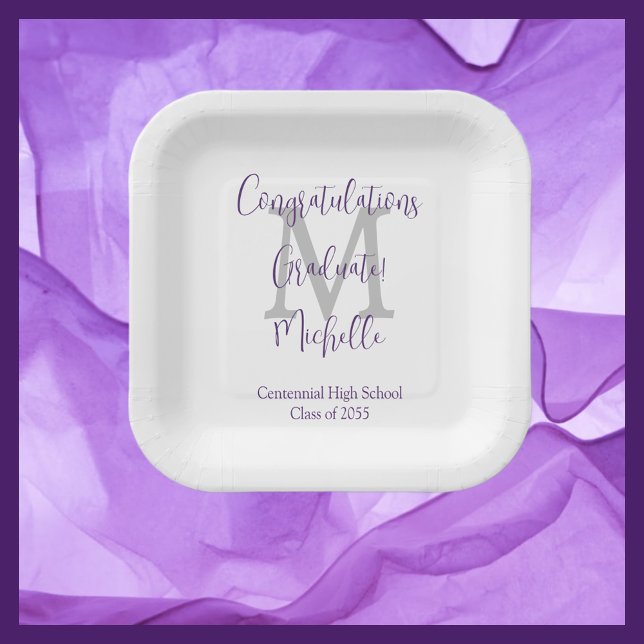 Purple Grey White Monogrammed Graduation Party Paper Plate (Creator Uploaded)