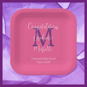 Purple Grey White Monogrammed Graduation Party Paper Plate