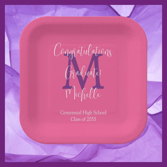 Purple Grey White Monogrammed Graduation Party Paper Plate (Creator Uploaded)