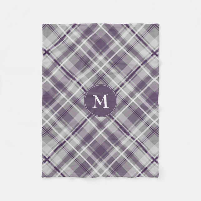 purple grey white plaid pattern monogrammed fleece blanket (Front)