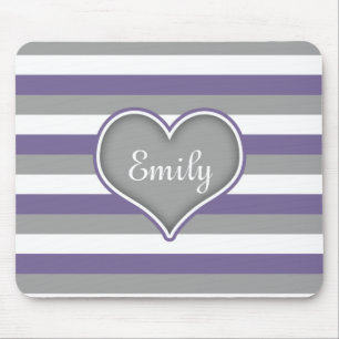 Purple Grey White Stripes & Heart Mouse Pad
