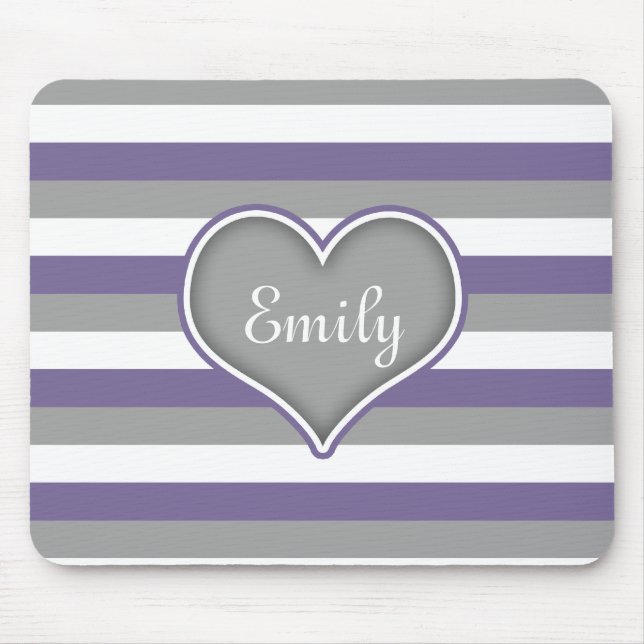 Purple Grey White Stripes & Heart Mouse Pad (Front)
