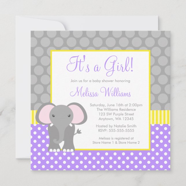 Purple Grey Yellow Elephant Girl Baby Shower Invitation (Front)