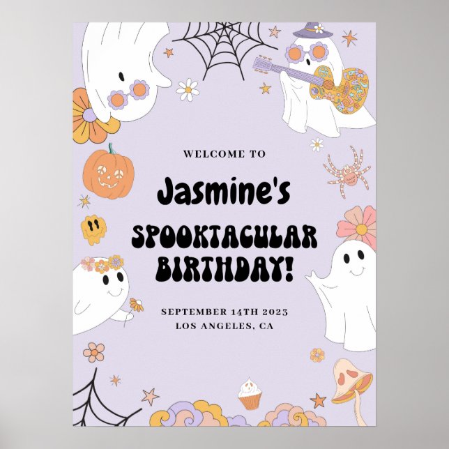 Purple Groovy Ghost Birthday Welcome Sign (Front)
