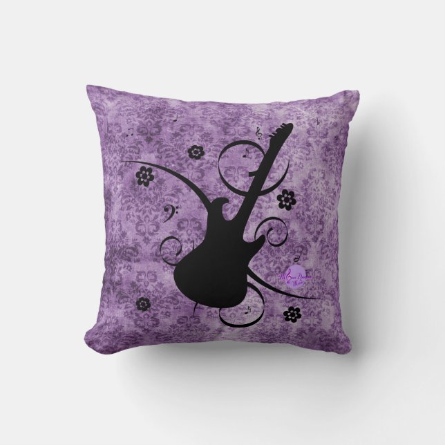 Purple Grunge Damask Black Guitar & Flowers Pillow (Front)