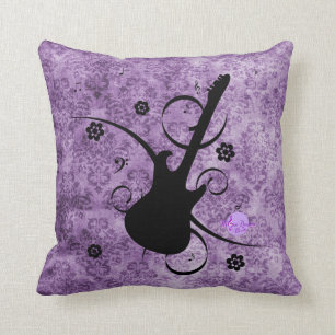 Purple Grunge Damask Black Guitar & Flowers Pillow